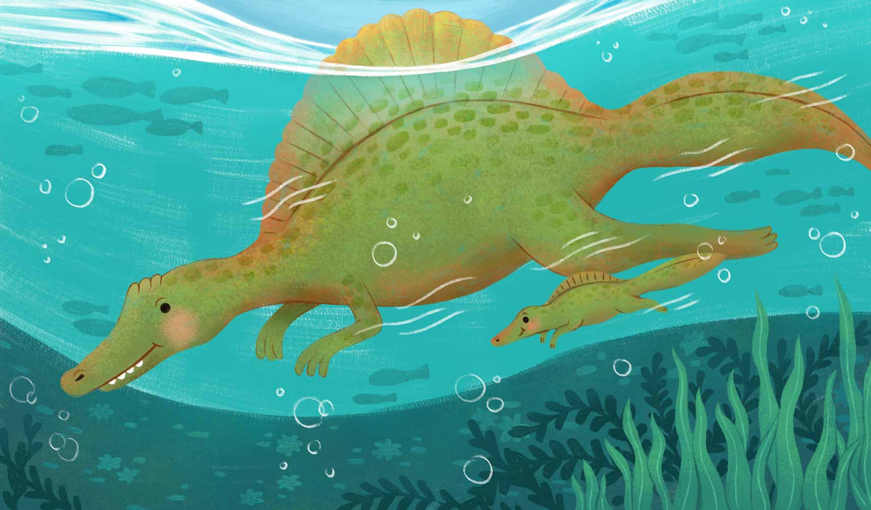 illustrazione con dinosauri che nuotano sott'acqua